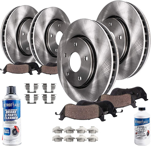 Detroit Axle - All (4) Front and Rear Disc Brake Kit Rotors w/Ceramic Pads w/Hardware Clips & Brake Kit Cleaner & Fluid for 2001 2002 2003 2004 2005 BMW 325xi E46 Models