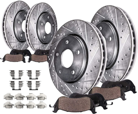 Detroit Axle - 320mm FRONT & 308mm REAR DRILLED and SLOTTED Brake Kit Rotors & Ceramic Brake Kit Pads w/Hardware fits Infiniti EX35 G25 G35 G37 G45 M35 M45 & Nissan 350Z 370Z