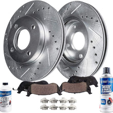 Detroit Axle - Pair (2) Front Drilled and Slotted Disc Brake Kit Rotors w/Ceramic Pads w/Hardware & Brake Kit Cleaner & Fluid Compatible for 2004 2005 2006 Scion xA xB
