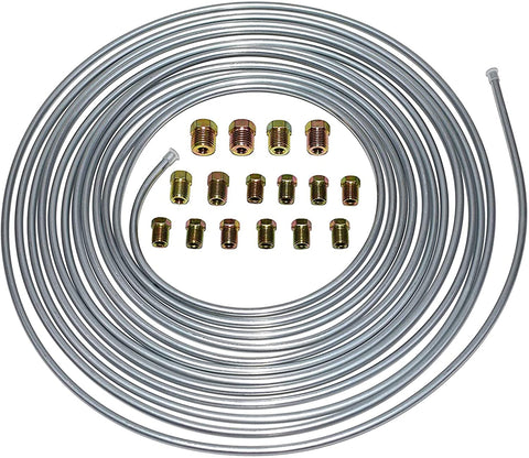 A-Team Performance 3/16'' Double Walled Galvanized Steel Tube Roll Brake Line Kit With 16 Piece Fittings For Hydraulic Braking Systems, Fuel Systems, And Transmission Systems 25 Feet