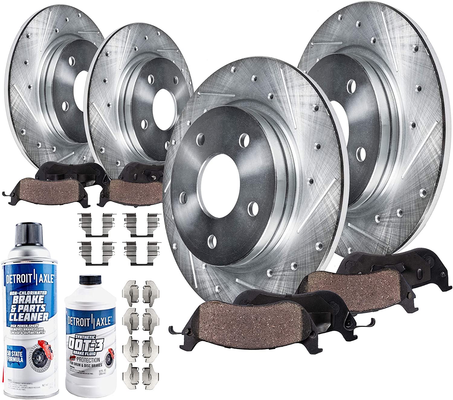Detroit Axle - All (4) Front Rear 286mm Drilled Slotted Disc Brake Kit Rotors w/Ceramic Pads & Brake Kit Cleaner & Fluid for 2008 2009 2010 Subaru Impreza 2.5i