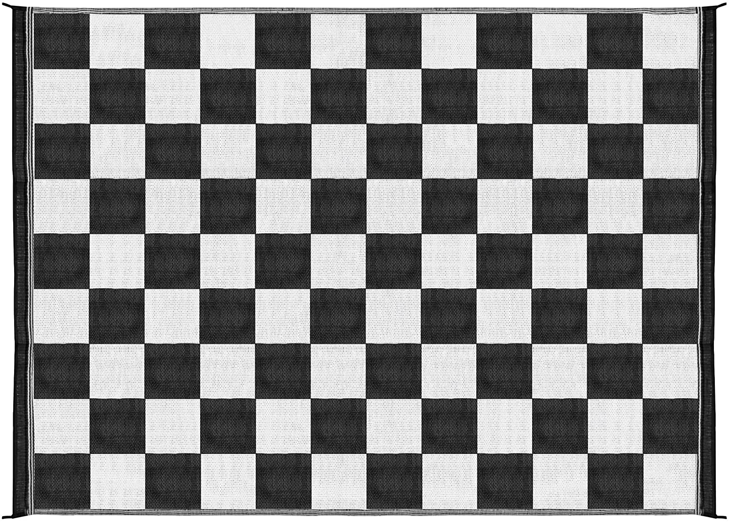 Camco 42822 Outdoor RV Awning Mat with Storage Bag, 9-Feet x 12-Feet - The Perfect Outdoor Accessory with Multiple Uses - Bonus Storage Bag Included - Checkered, Black/White Print