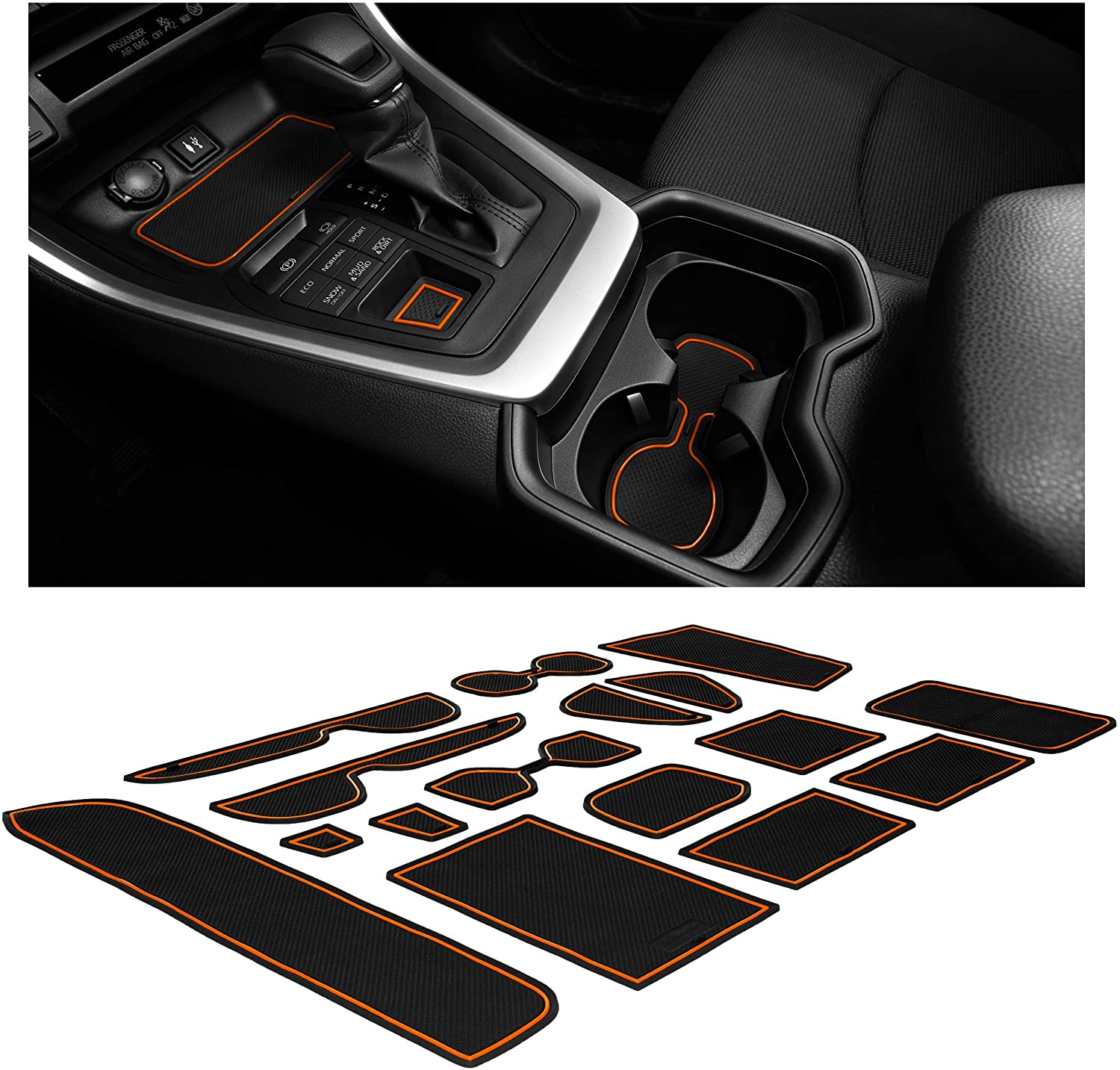 CupHolderHero for Toyota RAV4 2019-2020 Custom Liner Accessories – Premium Cup Holder, Console, and Door Pocket Inserts 13-pc Set (Orange Trim)