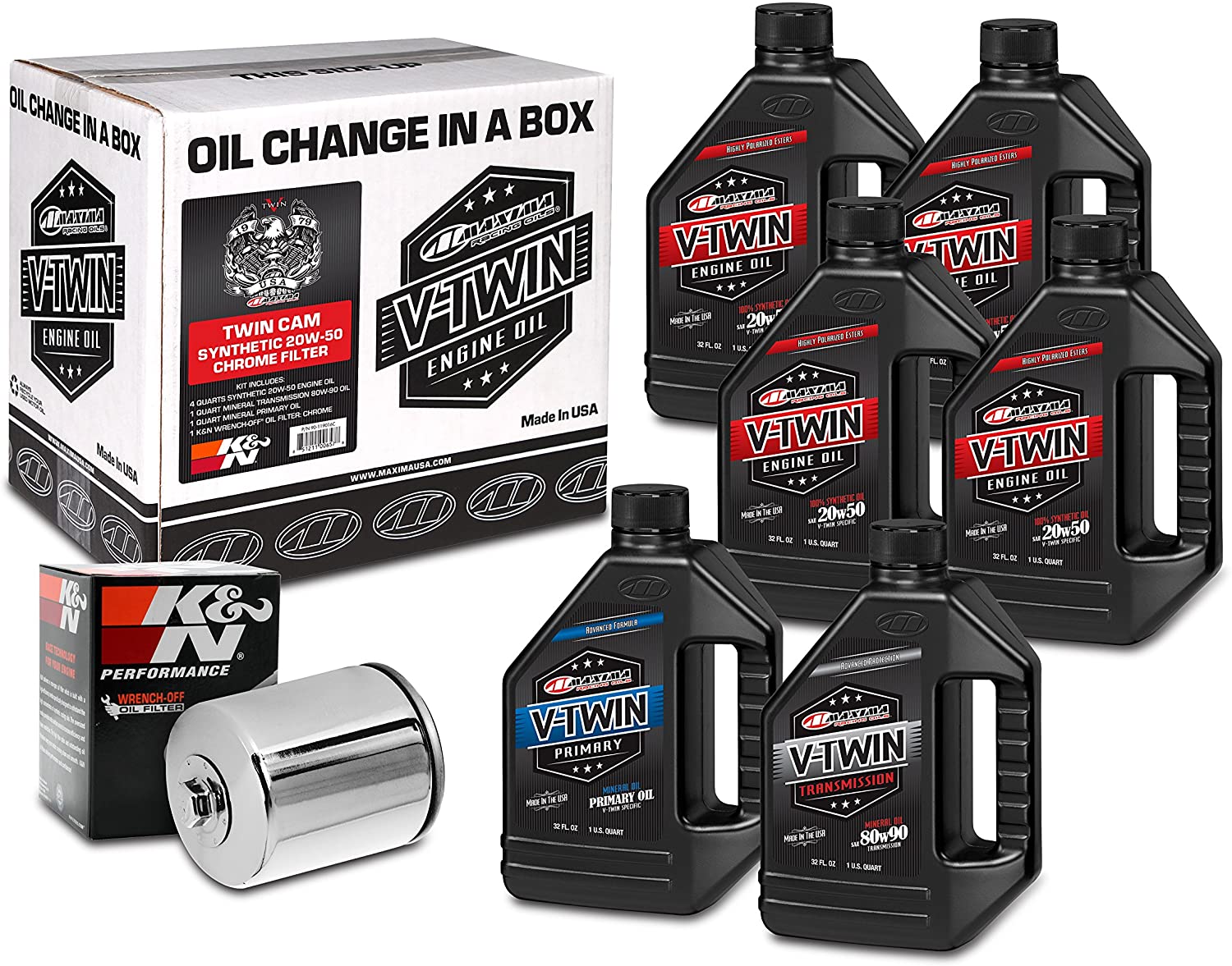 Maxima Racing Oils Chrome 90-119016C Twin Cam Synthetic 20W-50 Filter Complete Oil Change Kit, 192. Fluid_Ounces