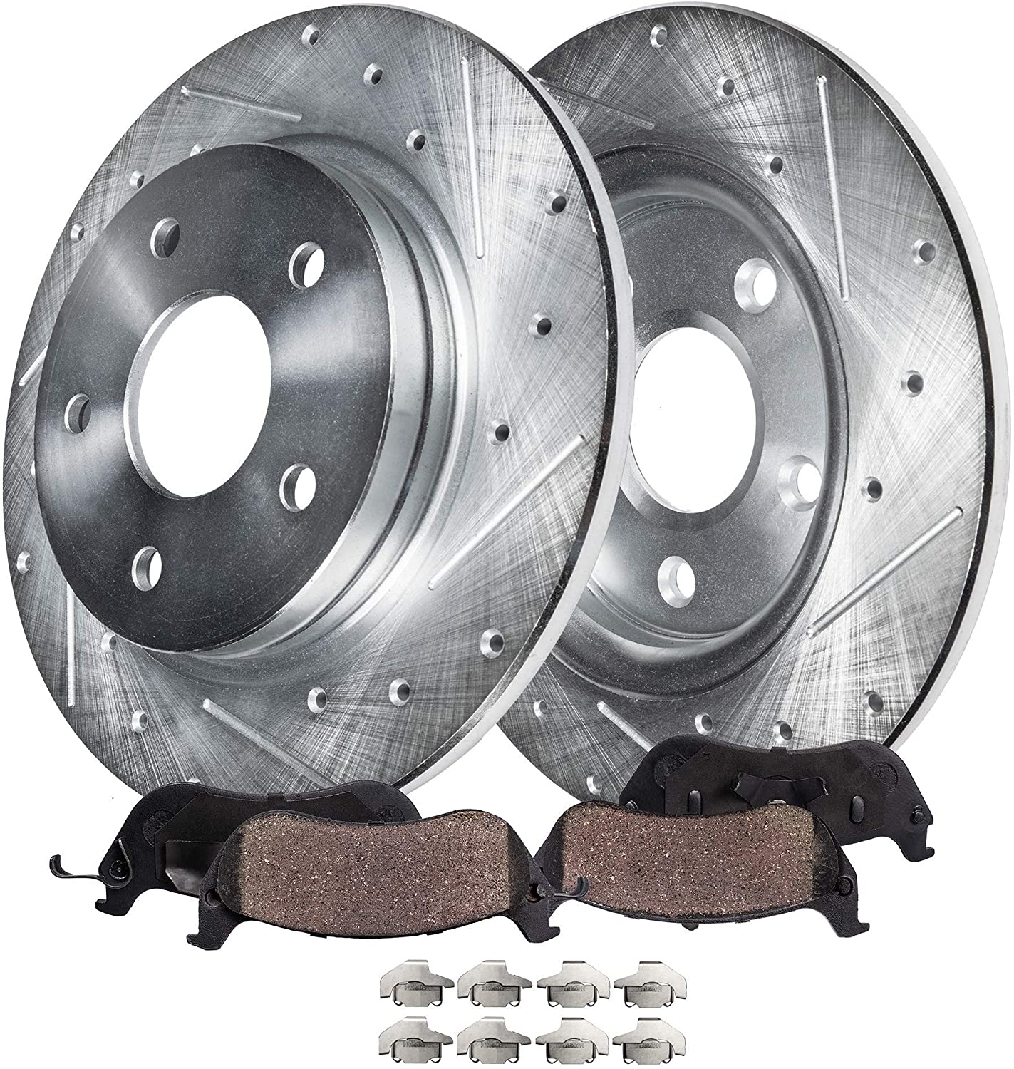 Detroit Axle - Pair (2) Rear 302mm Drilled Slotted Disc Brake Kit Rotors w/Ceramic Pads w/Hardware for 2010 2011 2012 2013 2014 Hyundai Santa Fe - [2011-2014 Kia Sorento] - 13-14 Santa Fe XL