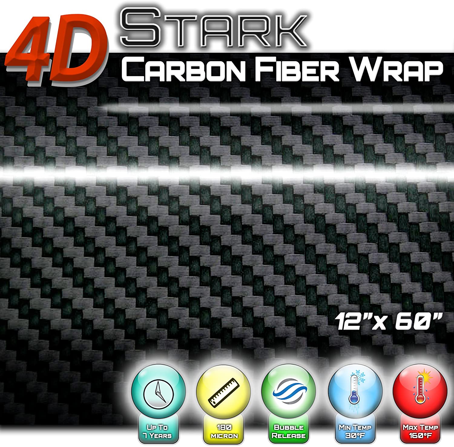 4D Black Carbon Fiber Vinyl Wrap Sticker Air Release Bubble Free Anti-Wrinkle 1 x 5 FT Feet / 12