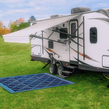 Camco 42824 Outdoor RV Awning Mat with Storage Bag, 9-Feet x 12-Feet - The Perfect Outdoor Accessory with Multiple Uses - Bonus Storage Bag Included - Lattice, Blue