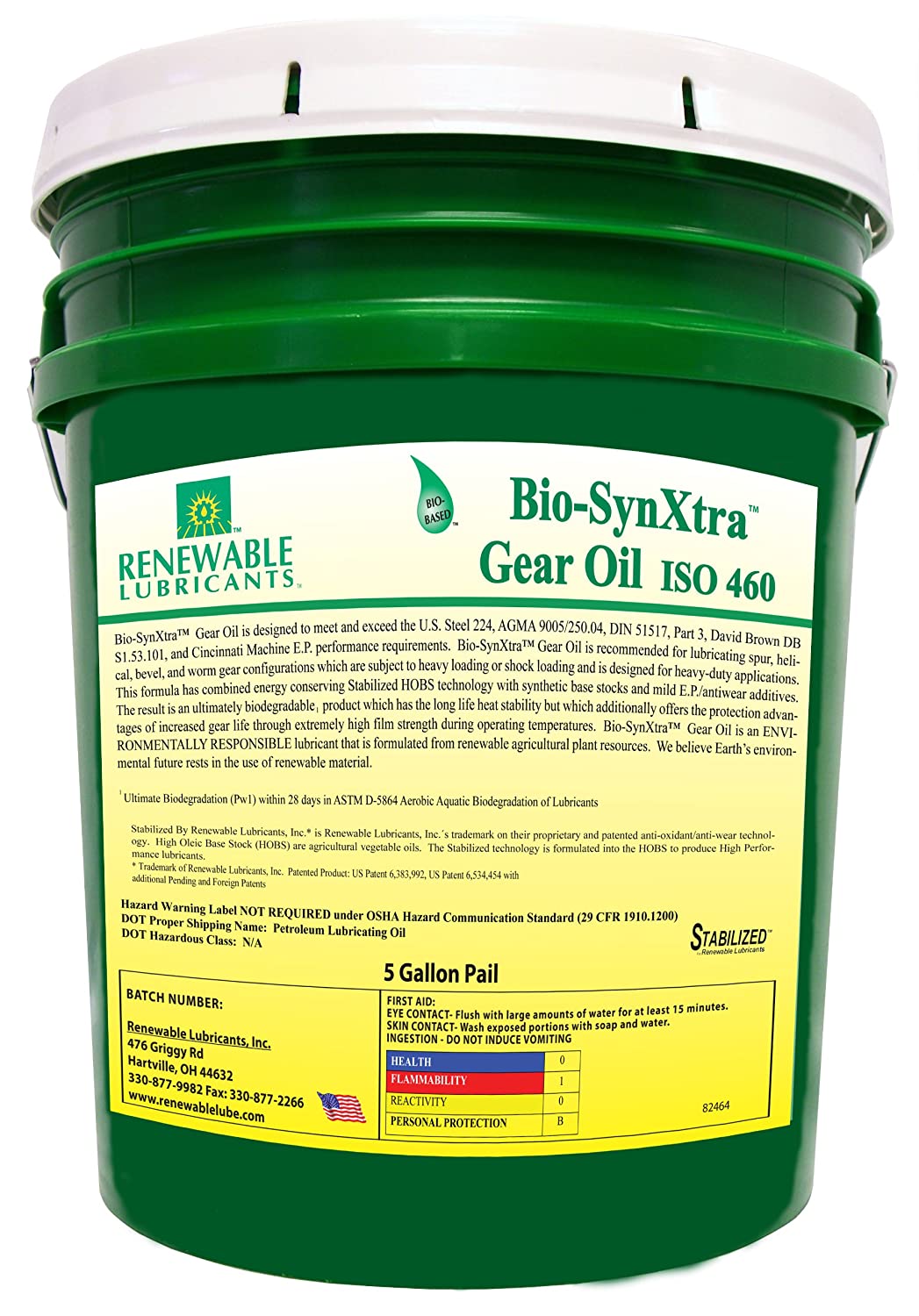 Renewable Lubricants Bio-SynXtra ISO 460 EP Gear Oil, 5 Gallon Pail