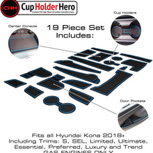 CupHolderHero for Hyundai Kona Accessories 2018-2021 Premium Custom Interior Non-Slip Anti Dust Cup Holder Inserts, Center Console Liner Mats, Door Pocket Liners 19-pc Set (Blue Trim)