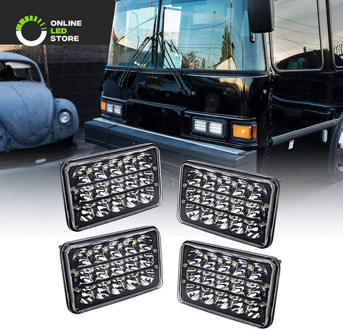 4pc 4x6 LED Headlights [45W] [H4 Socket] [Black-Finish] [High/Low Sealed Beam] H4652 H4666 H6545 H6054 H4651 H4656 4x6 LED Headlight for Peterbilt Kenworth Trucks Ford Van & More