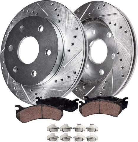 Detroit Axle -6-Lug 319mm Drilled & Slotted FRONT Disc Brake Kit Rotors w/Ceramic Pads w/Hardware for 2005-2019 Toyota Tacoma 6-Lug - [2007-2014 Toyota FJ Cruiser]