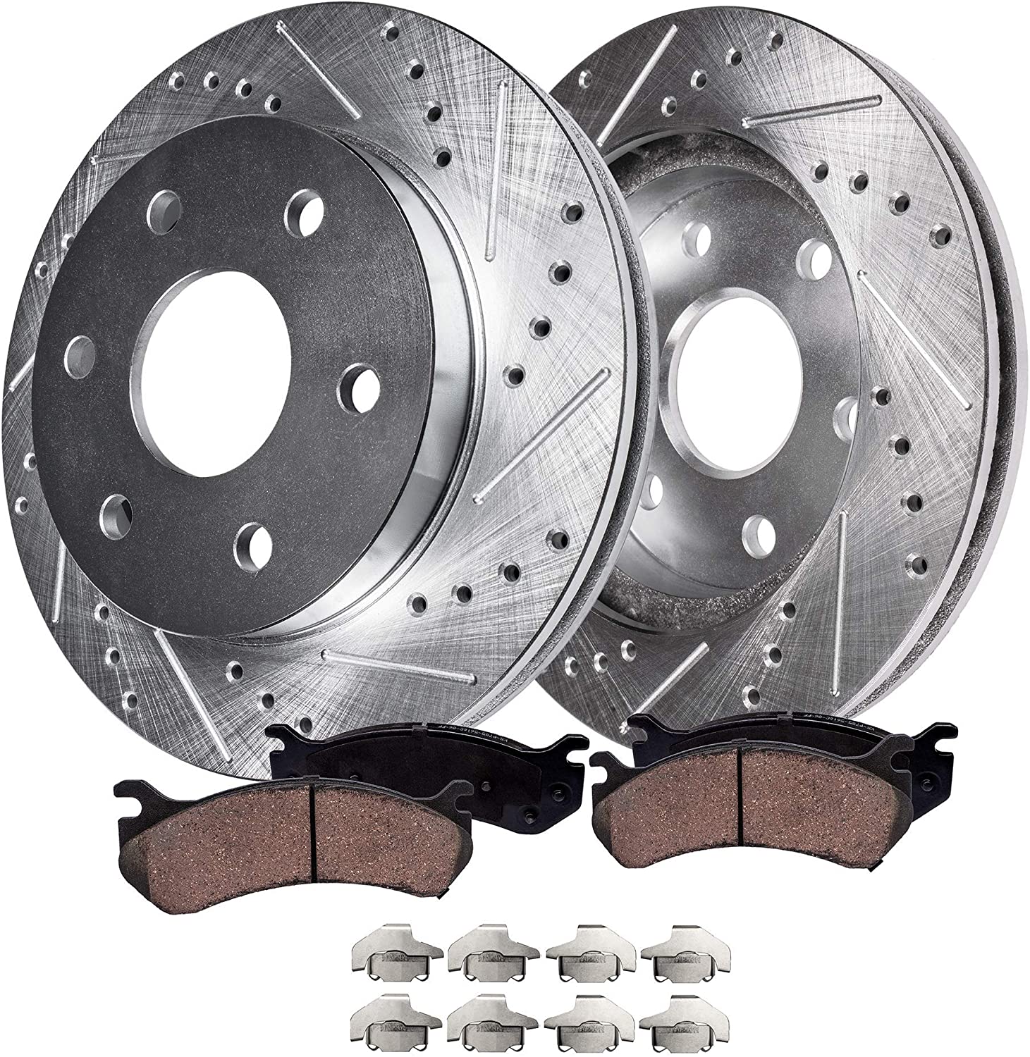 Detroit Axle - S-55097BK Front Brake Kit, Drilled Slotted Bake Rotors with Ceramic Brake Pads and Brake Hardware Clips