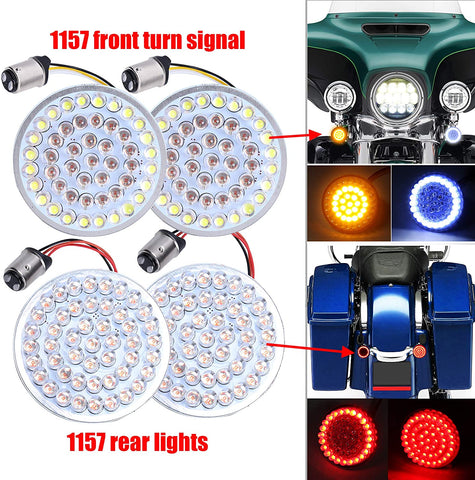 2 Inch LED Turn Signal Kit for Harley 1157 Base White/Amber Front Turn Signal Bulbs + 1157 Double Connector Red Rear Turn Signal Lights for Harley Street Glide Motorcycle