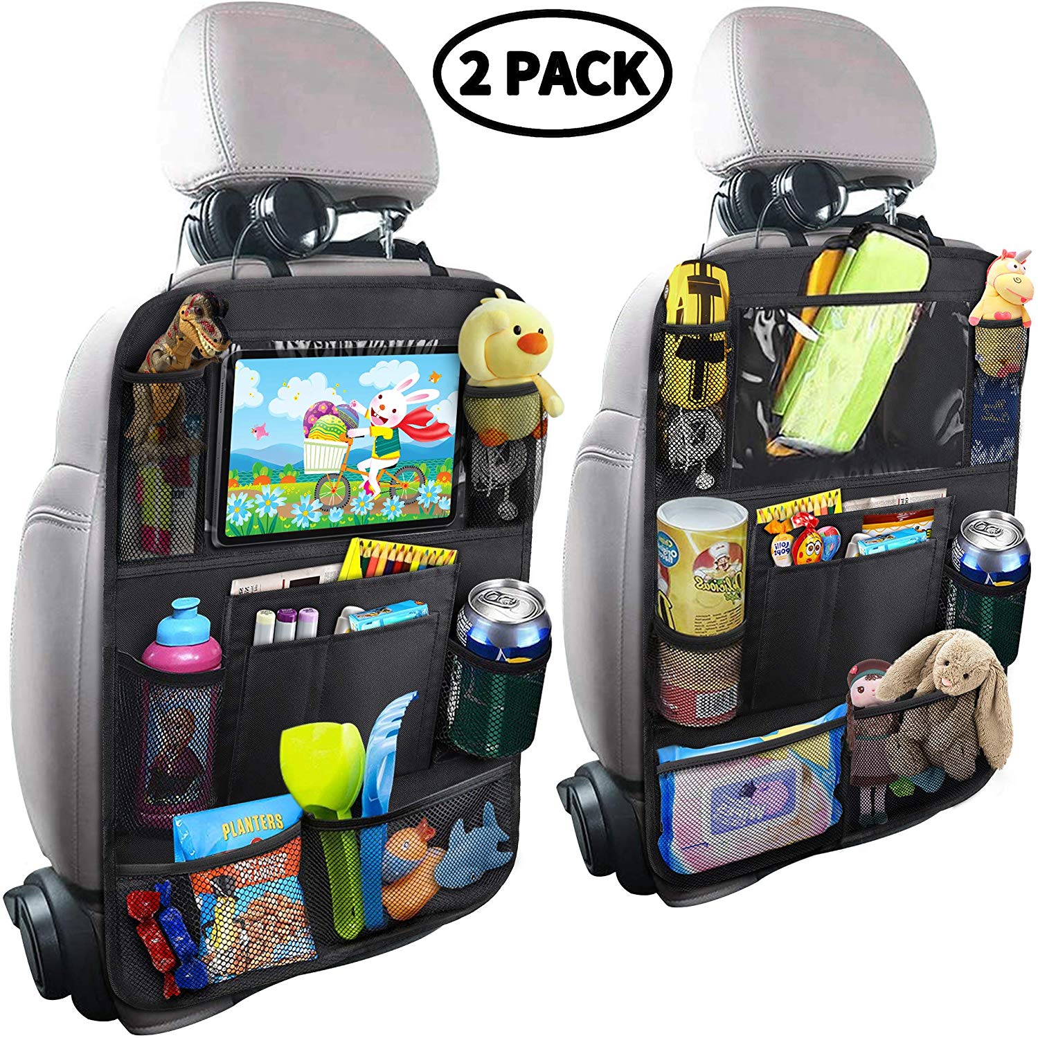 MZTDYTL Car Backseat Organizer with Touch Screen Tablet Holder + 9 Storage Pockets Kick Mats Car Seat Back Protectors Great Travel Accessories for Kids and Toddlers(2 Pack)