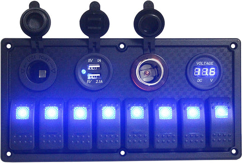 BANDC 8 Gang Rocker Switch Panel & Power Socket/Cigarette Socket/USB Socket/Voltmeter