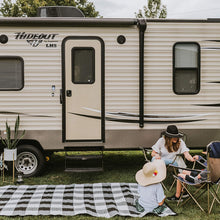 RV Mat - Recycled Reversible RV Rug - Camping Rugs for Outside Your RV - 9x12 Black and White Tribal - Large Outdoor Rugs for patios or awnings - Portable mat - Waterproof Rug