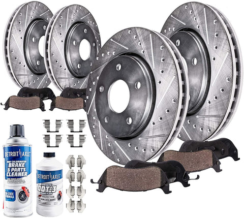 Detroit Axle - FRONT & REAR DRILLED & SLOTTED Brake Kit Rotors & Ceramic Brake Kit Pads w/Hardware, Brake Kit Fluid & Cleaner for 2008 2009 2010 2011-2013 Nissan Rogue