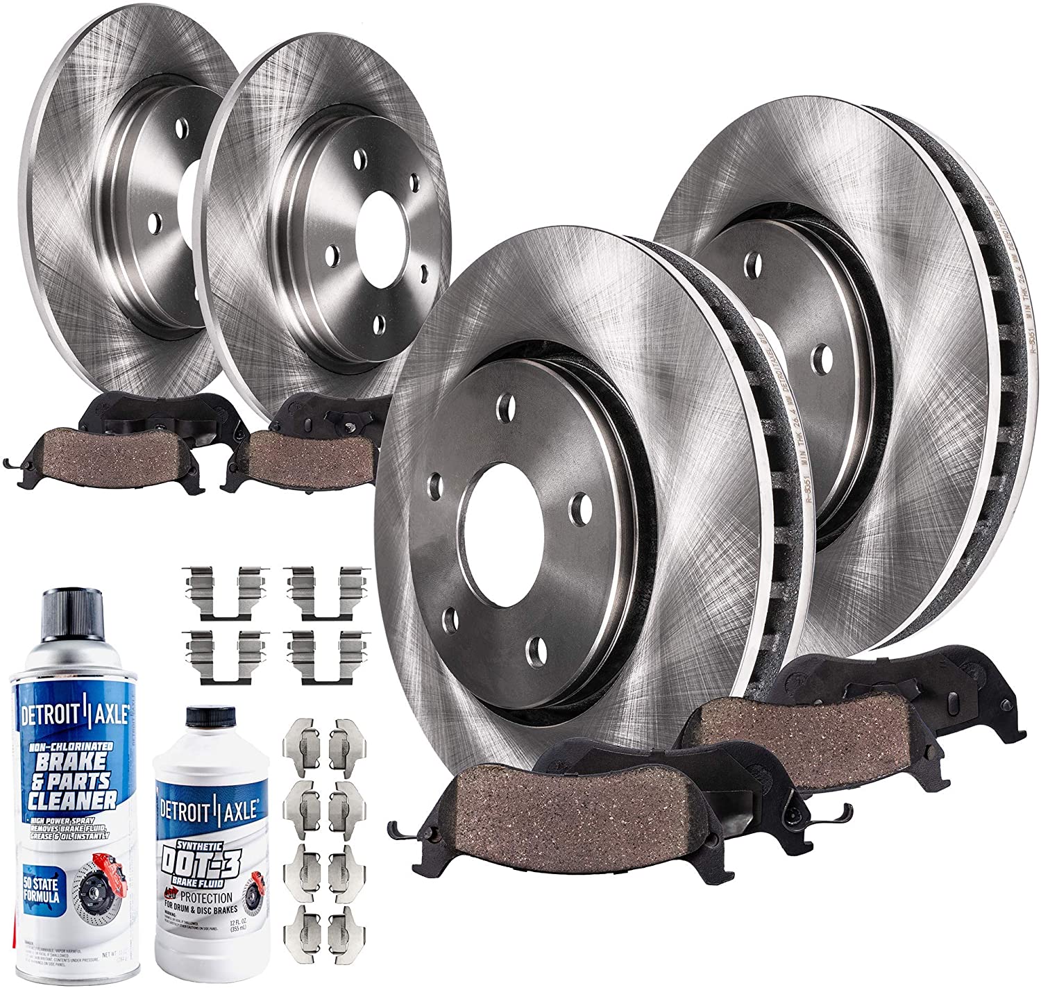 Detroit Axle - All (4) Front and Rear Disc Brake Kit Rotors w/Ceramic Pads w/Hardware & Brake Kit Cleaner & Fluid for 2006 2007 2008 2009 2010 Kia Optima 5 LUG Models