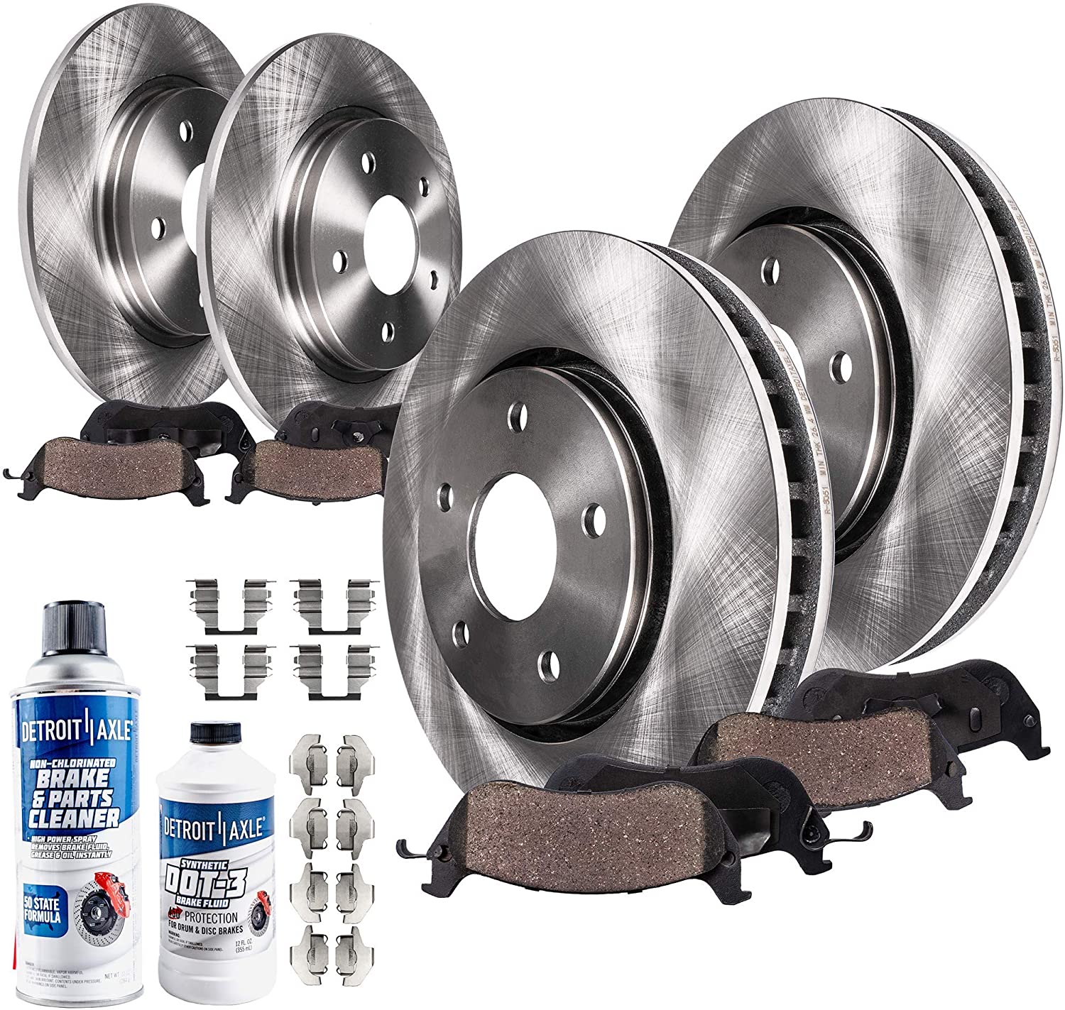 Detroit Axle - All (4) Front and Rear Disc Brake Kit Rotors w/Ceramic Pads w/Hardware & Brake Kit Cleaner & Fluid for 2002 2003 2004 2005 2006 2007 Buick Rendezvous FWD - [2001-2005 Pontiac Aztek FWD]