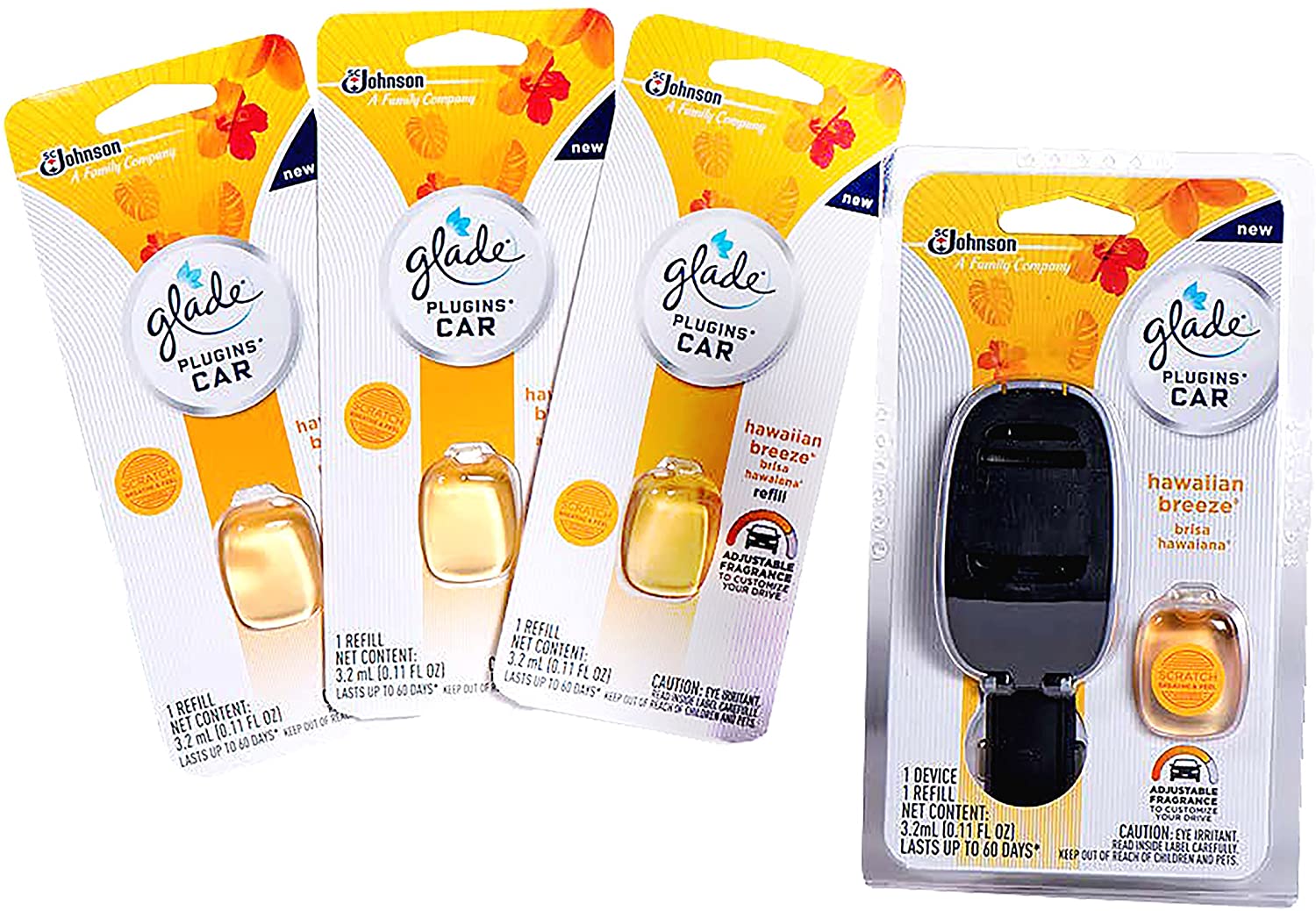 Glade PlugIns Car Air Freshener Pack, 1 Warmer + 4 Hawaiian Breeze Refill, 0.44 oz