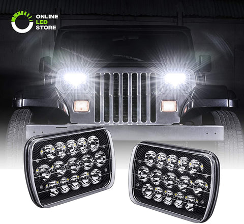 7x6 5x7 LED Headlights H6054 H5054 [Black Finish] [45W] [H4 Plug & Play] [Low/High Beam: 6/15 LEDs] - H6054LL 69822 6052 6053 Head Light for Jeep Wrangler YJ Cherokee XJ