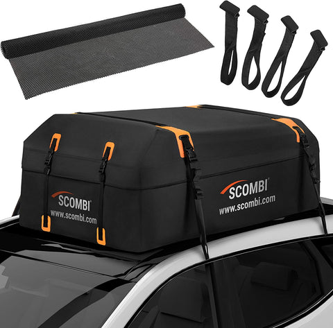 Scombi Military-Grade Waterproof Rooftop Cargo Carrier – 19 Cubic Ft. with 4 Door Hooks, Zipper/Buckle Closure, Extra Strap – Black Roof Bag for Cars with or Without Rack