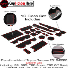 CupHolderHero for Toyota Tacoma Accessories 2016-2020 Premium Custom Interior Non-Slip Anti Dust Cup Holder Inserts, Center Console Liner Mats, Door Pocket Liners 19-pc Set (Double Cab) (Red Trim)