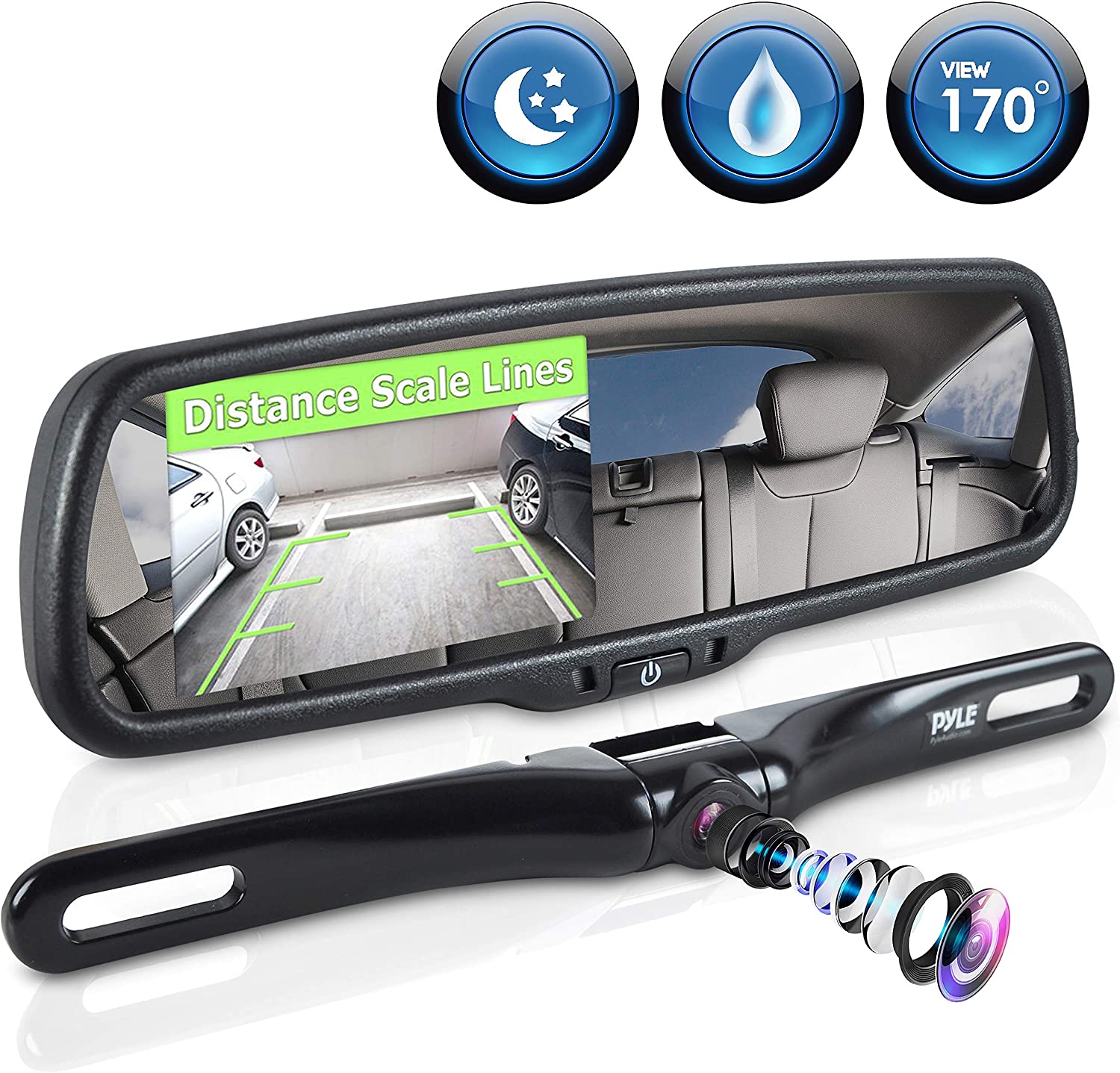 Pyle Backup Car Camera Rear View Mirror Screen Monitor System with Parking & Reverse Safety Distance Scale Lines, OEM Fit, Waterproof & Night Vision, 170° Angle Adjustable, 4.3