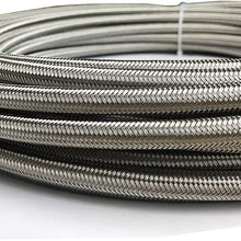 PTFE Teflon Hose 6 AN Stainless Steel Braided Oil Fuel Gas Line E85 for Fluids, Water, Alcohol, Transmission, Clutch, Nitrous, Power Steering, Oiling, Coolant, Methanol. Silver, 10 feet