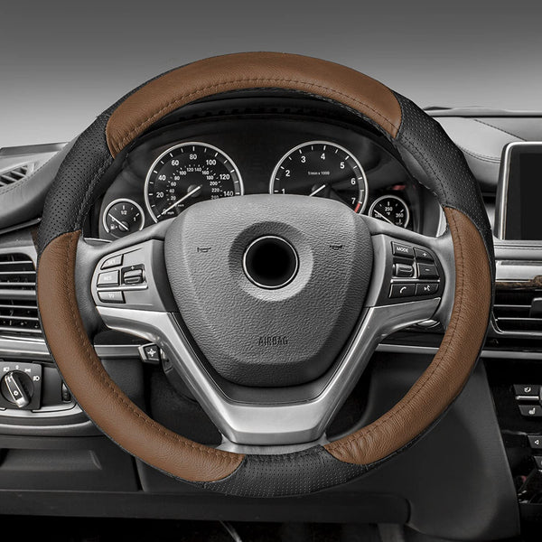 FH Group FH2008 Full Spectrum Genuine Leather Steering Wheel Cover (Yellow) – Universal Fit for Cars Trucks & SUVs