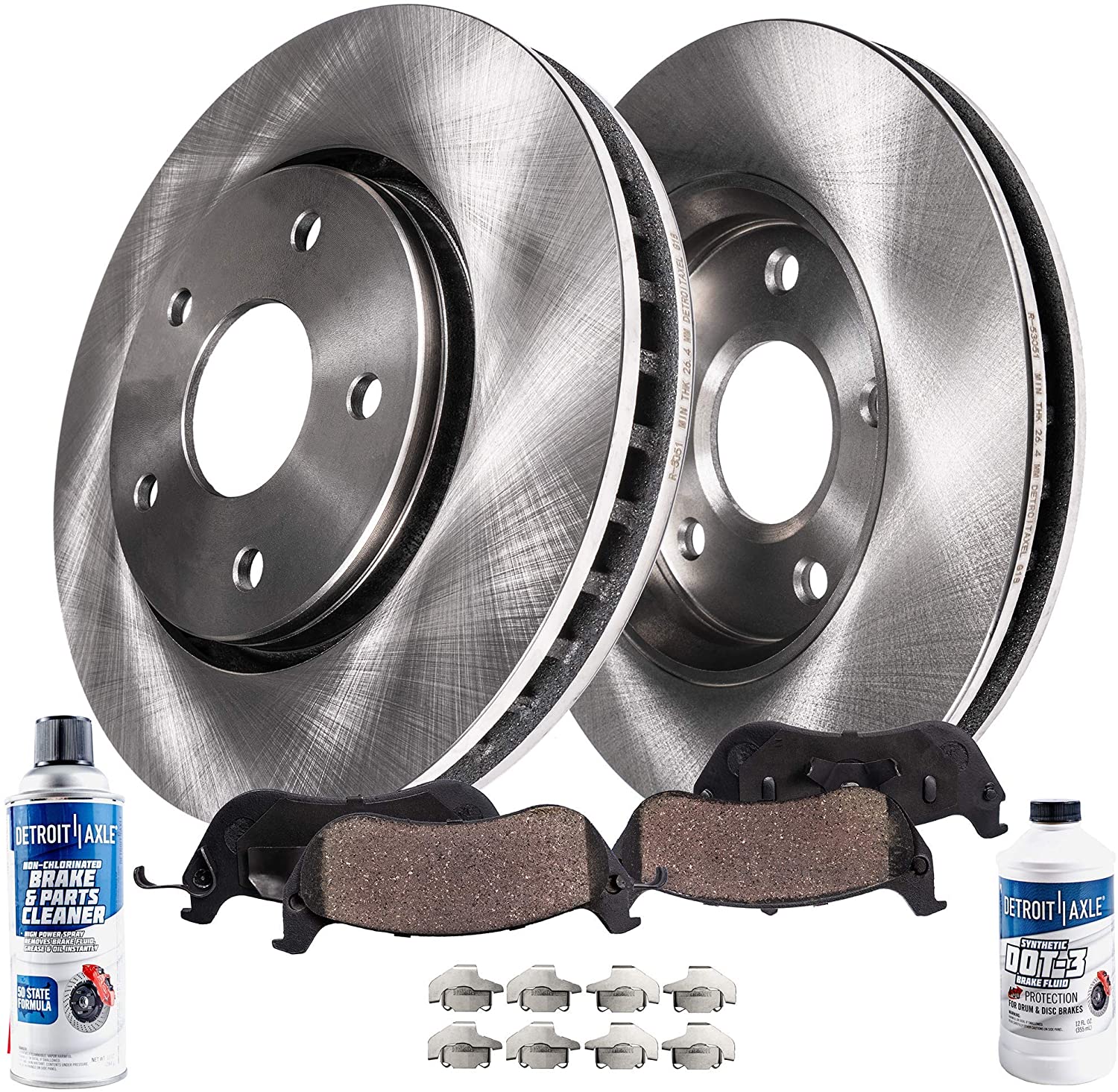 Detroit Axle - Pair (2) Front Disc Brake Kit Rotors w/Ceramic Pads w/Hardware & Brake Kit Cleaner & Fluid for 2002 2003 2004 2005 Dodge Ram 1500 - [2004-2006 Dodge Durango]