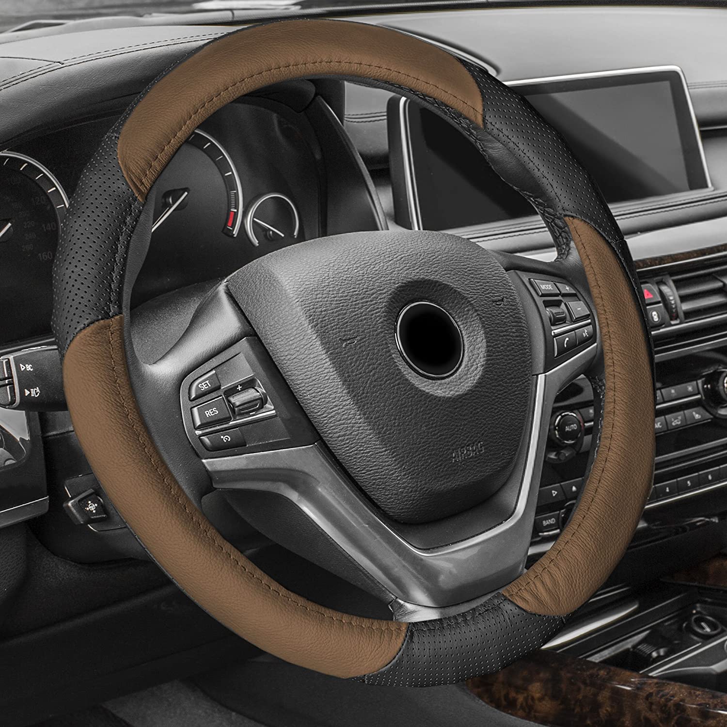 FH Group FH2001BROWN Steering Wheel Cover (Perforated Genuine Leather Brown)