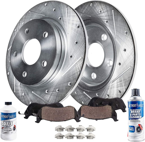 Detroit Axle - 308mm Rear Drilled and Slotted Disc Brake Kit Rotors w/Ceramic Pads w/Hardware & Brake Kit Cleaner & Fluid for 2003-2018 Nissan Murano - [2004-2017 Nissan Quest] - 2013-2017 Pathfinder