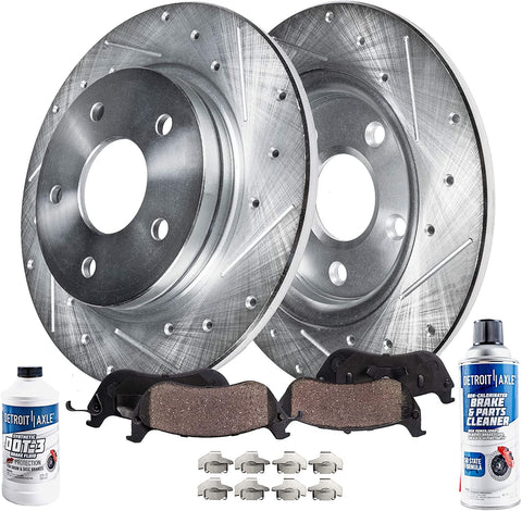 Detroit Axle - Rear 302mm Drilled Slotted Disc Brake Kit Rotors w/Ceramic Pads w/Hardware & Brake Kit Cleaner & Fluid for 2010-2014 Hyundai Santa Fe - [2011-2014 Kia Sorento] - 13-14 Santa Fe XL