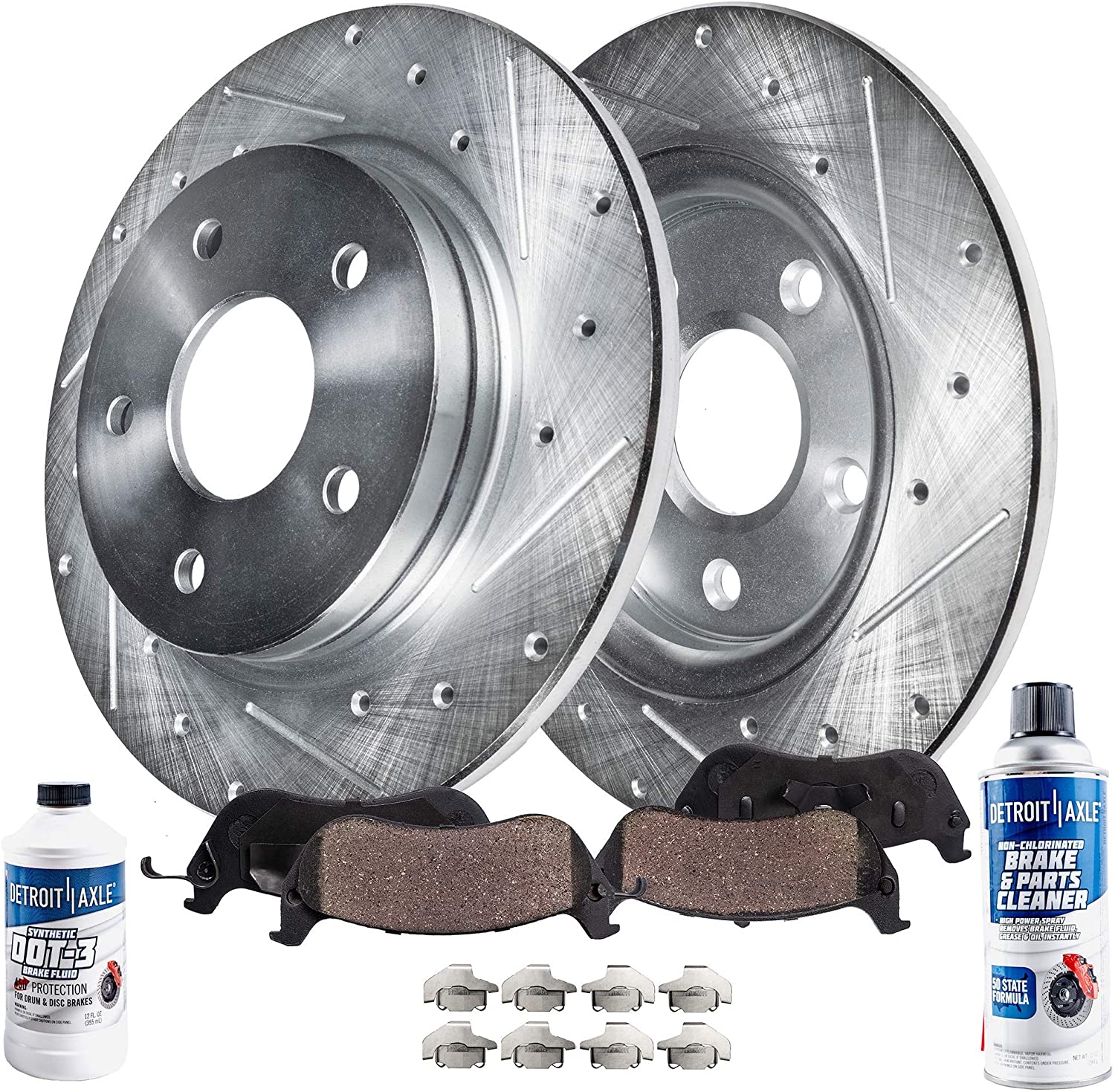 Detroit Axle - Rear 302mm Drilled Slotted Disc Brake Kit Rotors w/Ceramic Pads w/Hardware & Brake Kit Cleaner & Fluid for 2010-2014 Hyundai Santa Fe - [2011-2014 Kia Sorento] - 13-14 Santa Fe XL