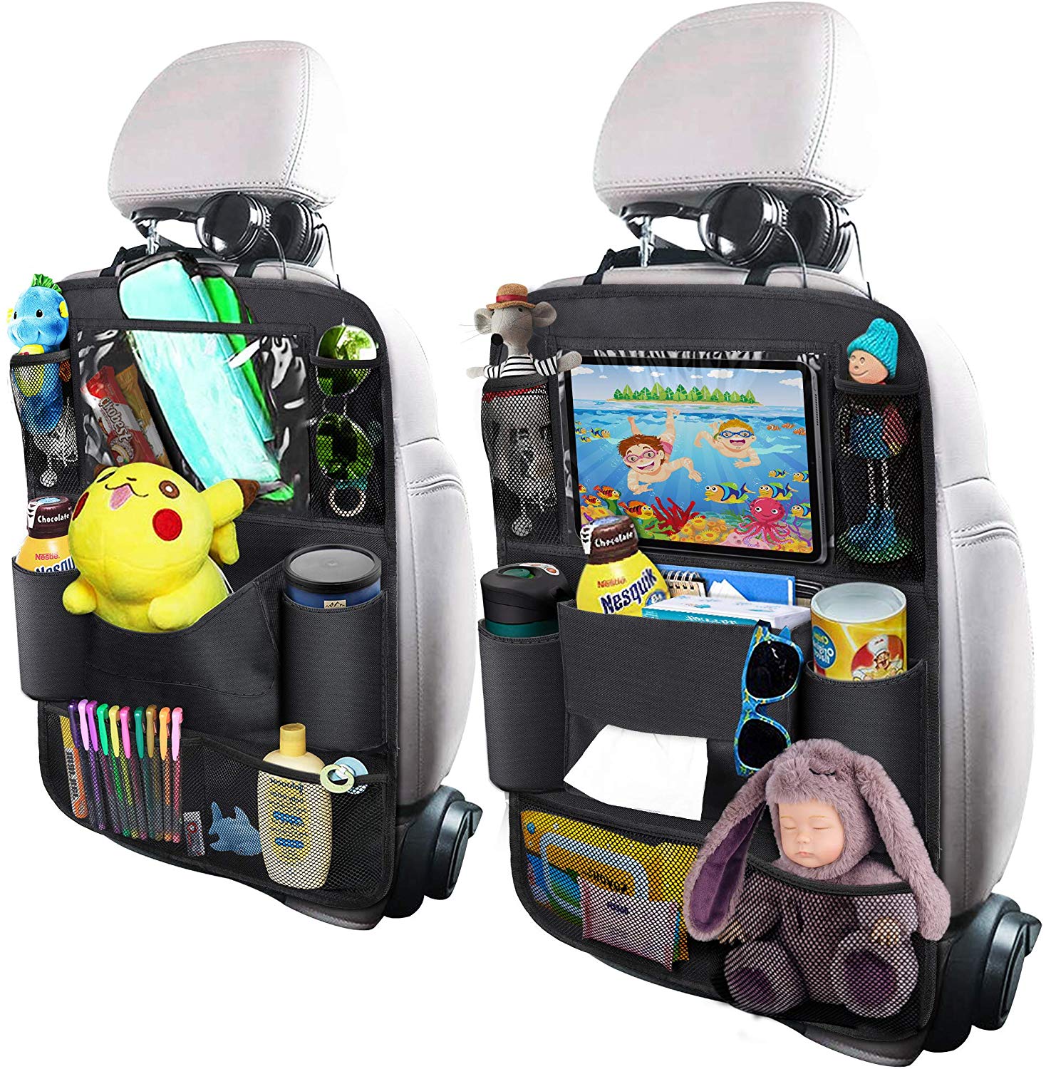 OYRGCIK Backseat Car Organizer, Kick Mats Car Back Seat Protector with Touch Screen Tablet Holder Tissue Box 8 Storage Pockets for Toys Book Bottle Drinks Kids Baby Toddler Travel Accessories, 2 Pack