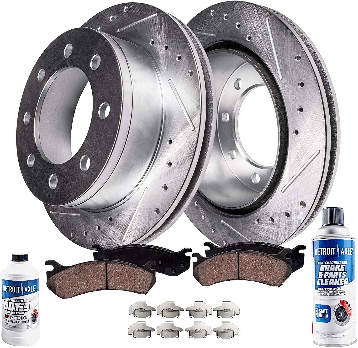 Detroit Axle - Pair (2) Front Drilled and Slotted Disc Brake Kit Rotors w/Ceramic Pads & Brake Kit Fluid & Cleaner for 2005 2006 2007 Ford F-250 F-350 Super Duty 4WD 4x4