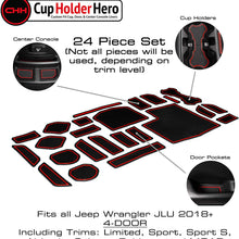 CupHolderHero for Jeep Wrangler Accessories 2018-2021 Premium Custom Interior Non-Slip Anti Dust Cup Holder Inserts, Center Console Liner Mats, Door Pocket Liners 24-pc Set (4-Door) (Red Trim)