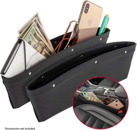 2 in 1 Car Seat Gap Organizer | Universal Fit | Storage Pockets Adjust | 2 Set Car Seat Crevice Storage Box | Helps Reduce Distracted Driving & Holds Phone Money Cards Keys Remote | Black Stitching