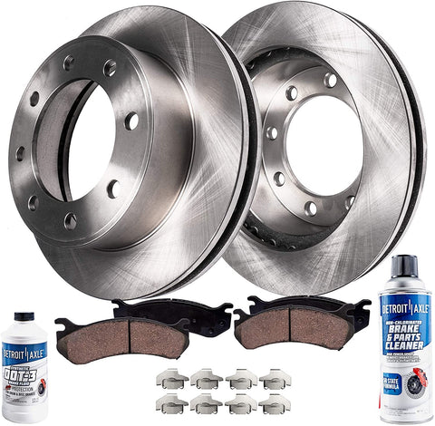 Detroit Axle - Front Disc Brake Rotors Ceramic Pads w/Hardware & Brake Cleaner Fluid for 1990-2000 Chevy GMC K3500 (w/Dual Rear Wheel) - [1994-1999 Dodge Ram 2500/3500] - See Fitment