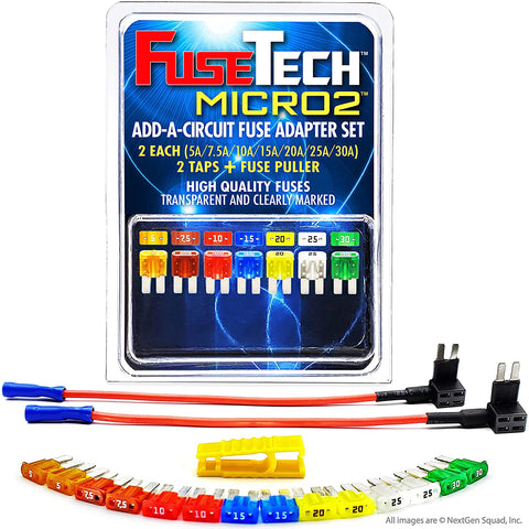 FuseTech 12V Micro2 APT ATR 17 Piece Automotive Fuse Assortment and Holders Pack (2 Add-a-Circuit Fuse Tap Adapters, 14 Blade Fuses + Fuse Puller) 5A 7.5A 10A 15A 20A 25A 30A