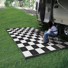 Camco 42822 Outdoor RV Awning Mat with Storage Bag, 9-Feet x 12-Feet - The Perfect Outdoor Accessory with Multiple Uses - Bonus Storage Bag Included - Checkered, Black/White Print