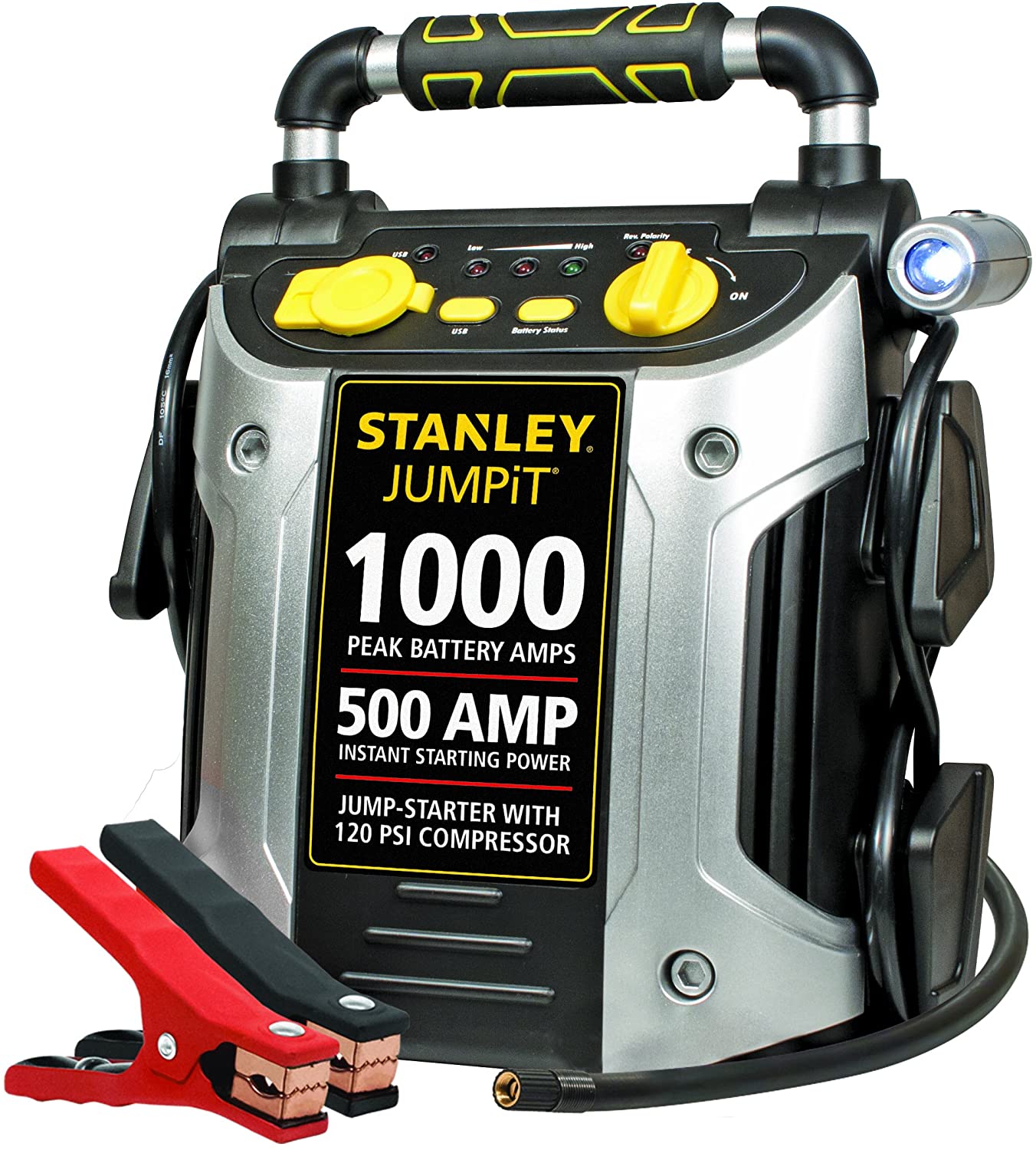 STANLEY J5C09 JUMPiT Portable Power Station Jump Starter: 1000 Peak/500 Instant Amps, 120 PSI Air Compressor, USB Port, Battery Clamps