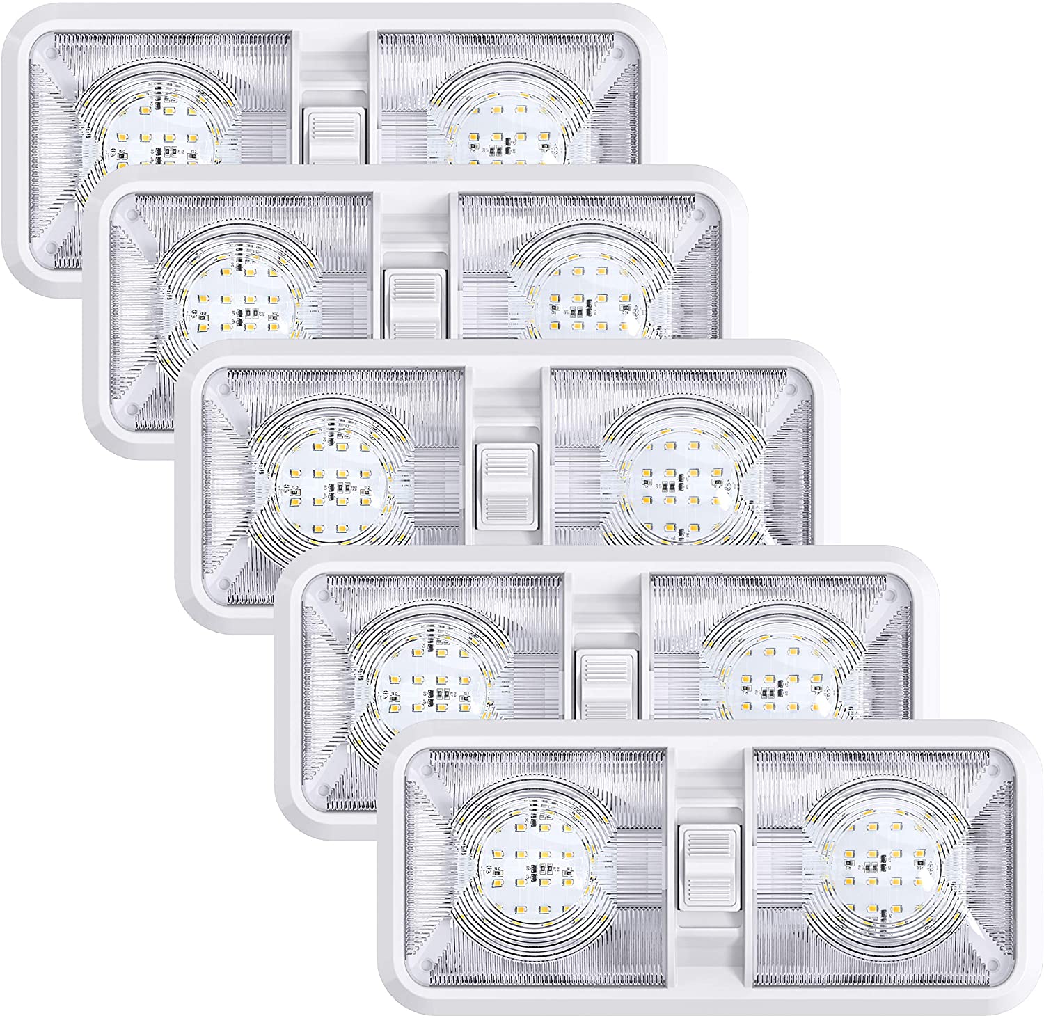5 Pack Leisure LED RV LED Ceiling Double Dome Light Fixture with ON/OFF Switch Interior Lighting for Car/RV/Trailer/Camper/Boat DC 12V Natural White 4000-4500K 48X2835SMD (Natural White 4000-4500K, 5)