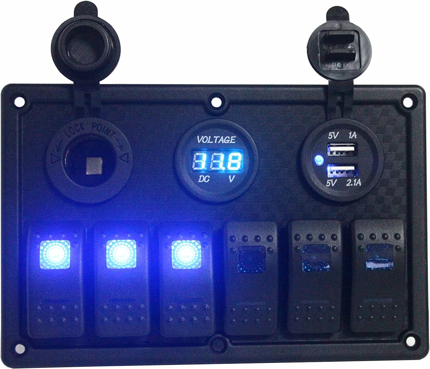 BANDC Blue Led 6 Gang Rocker Switch Panel & Power Socket/USB Charger Socket/Voltmeter