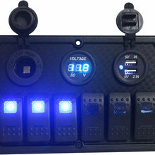 BANDC Blue Led 6 Gang Rocker Switch Panel & Power Socket/USB Charger Socket/Voltmeter