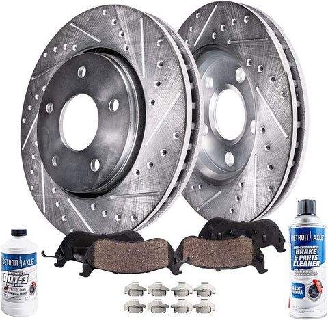 Detroit Axle - Front Drilled and Slotted Brake Kit Rotors & Ceramic Pads w/Hardware & Brake Kit Cleaner & Fluid for 97-03 Chevrolet Malibu - [99-04 Olds Alero] - 99-05 Pontiac Grand Am