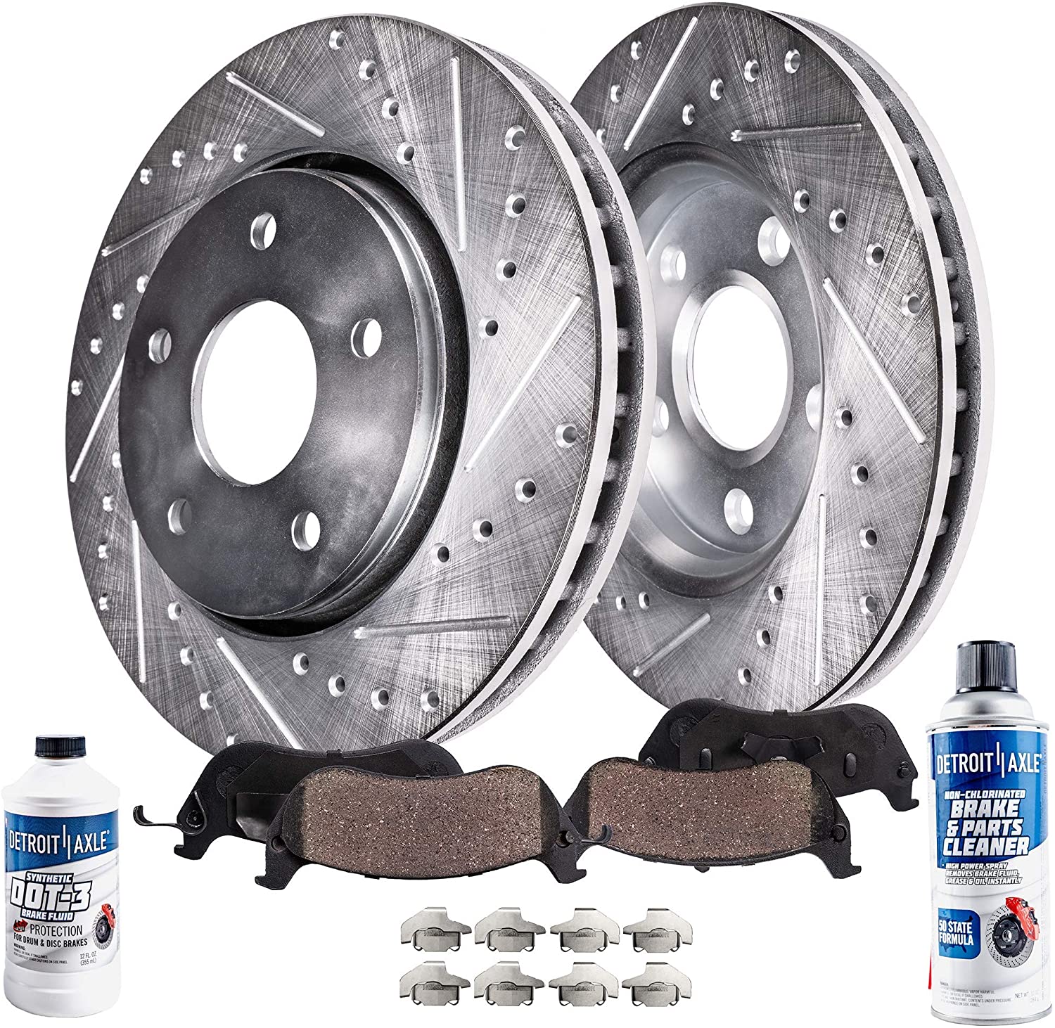 Detroit Axle - Pair (2) Front Drilled and Slotted Disc Brake Kit Rotors w/Ceramic Pads w/Hardware & Brake Kit Cleaner & Fluid for 2002 2003 2004 2005 2006 Toyota Camry 4 Cylinder Models or LE 3.0L