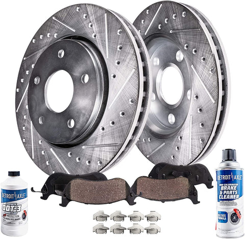 Detroit Axle - Pair (2) Front Drilled and Slotted Disc Brake Kit Rotors w/Ceramic Pads w/Hardware & Brake Kit Cleaner Fluid for 2007 2008 2009 2010 2011 2012 2013 2014 2015 2016 2017 Jeep Wrangler