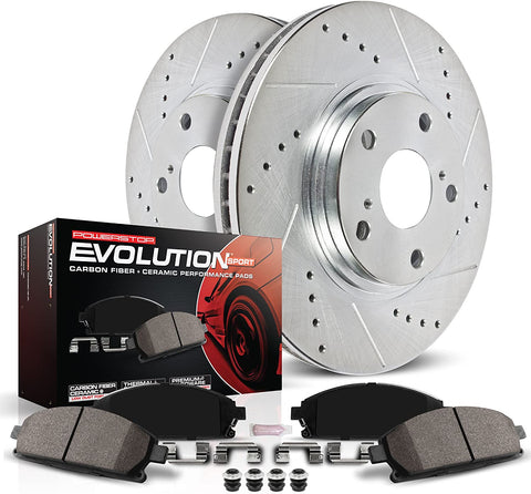 Power Stop K2560 Front Brake Kit with Drilled/Slotted Brake Rotors and Z23 Evolution Ceramic Brake Pads,Silver Zinc Plated